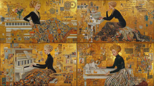 一幅奇幻的油画，画中是一位金发女子，她梳着喜庆的发型，身着黑色长裙，搭配着一条宽大、色彩斑斓的裙子，其设计风格如同黑白钢琴键。她坐在一架白色钢琴前，五彩斑斓的音符和高音谱号在背景中欢快地飘动，周围环绕着华丽的金色图案和受克里姆特启发的精致装饰元素。这幅画运用了大胆的笔触和富有质感的层次，凸显了油画媒介的丰富性，营造出一种动感而优雅的构图。