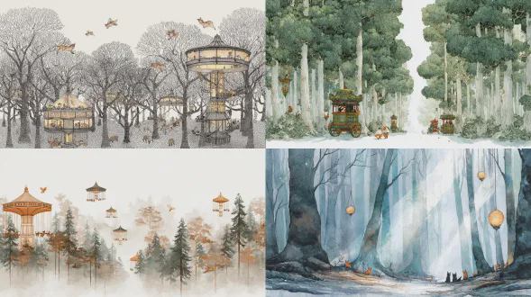 水墨画风格的线条勾勒，搭配水彩晕染，质地轻盈，呈现超现实的森林场景，还有漂浮的旋转木马、温暖的光束、小狐狸，营造出梦幻般的静谧氛围。