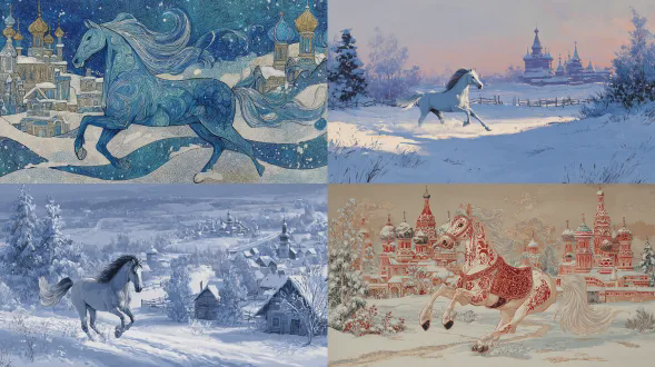 一匹姿态优雅的马以霍赫洛马风格绘制而成，它正驰骋在具有俄罗斯风格的白雪覆盖的村庄背景前。