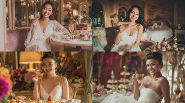 亚洲女性微笑端坐，白色奢华礼服，优雅妆容，举起玻璃杯喝茶并竖起大拇指，周围精致甜点，电影感茶馆背景，柔和自然光，浅景深，中长焦镜头，暖色调，胶片质感，细节丰富，温馨氛围，幸福表情，柔和高光，复古装饰