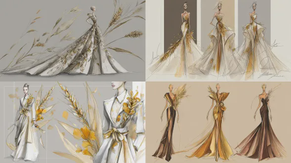 高级定制时装草图，受麦穗启发的高级时尚礼服，流畅的高级定制轮廓，雕塑感面料，金色麦穗穗融入礼服结构，有机植物元素，戏剧性体积，高级定制工艺，时尚编辑插画，奢华时尚概念，前卫高级定制，精细线条草图搭配柔和水彩点缀，中性背景，巴黎高级定制氛围，艺术时尚设计草图