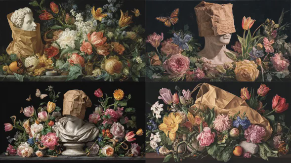 受荷兰黄金时代启发的油画，巴洛克风格的虚荣静物画带有当代象征意义。一尊古典大理石半身像，头部被棕色纸袋遮住，从黑暗中浮现。半身像被丰富的花卉布置包围：郁金香、玫瑰、牡丹、百合、野花、扭曲的藤蔓和叶子。蝴蝶、昆虫和盘绕的蛇编织在花朵中，具有象征性和超现实感。微妙的现代物体融入静物画，以古典克制的方式处理。博物馆级油画，超写实细节。受控、精确的笔触，平滑的釉面，丰富的分层颜料。戏剧性的明暗对比，深黑色背景，强烈的方向性光照亮花朵和石头。虚荣色调：深黑色、柔和的绿色、象牙色石头、浓郁的深红色、柔和的粉红色、温暖的黄色、克制的蓝色。高对比度，明亮的高光，天鹅绒般的阴影。永恒、象征性、庄严、绘画性、精细艺术写实