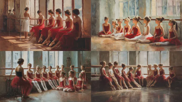 一群年轻芭蕾舞女演员穿着红色芭蕾舞裙和白色紧身衣坐在排练室边缘，专注聆听芭蕾舞老师讲话，大窗户自然光，古典优雅氛围，丹尼尔风格油画质感，柔焦效果，暖色调，中景构图，侧光，细腻笔触，宁静专注表情，木质地板，镜面墙，芭蕾舞杆，柔和阴影，怀旧情感。