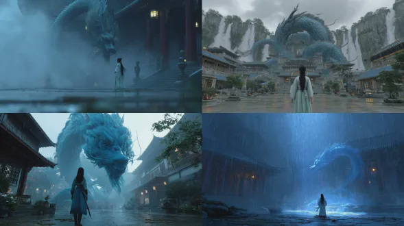 电影照片，古风中国神话风格，蓝色东方龙，背景环绕古建筑和瀑布，前景充满雾气和细雨。女孩长发优雅飘动，身着汉服，视觉效果相当震撼。这幅作品采用概念艺术风格，由虚幻引擎5渲染，超高分辨率且表现力高
