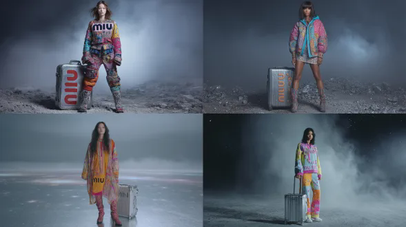 一张女性的全身照，她微微以四分之三侧面对镜头站立。她的皮肤高度逼真。她站在一个宇宙表面上；她周围的一切都是灰色调，空气中有淡淡的薄雾。她穿着鲜艳、色彩丰富的服装。她的衣服上绣有“缪缪”（miu miu）品牌名。她旁边有一个金属行李箱