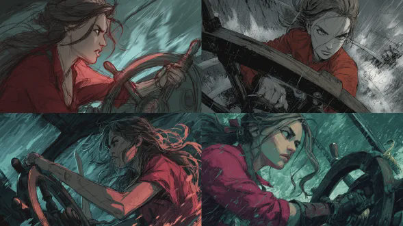 概念素描艺术，棕色长马尾女性在黑暗风暴中掌舵，红色衬衫，背后弯刀，丽贝卡盖伊风格，高对比度，动态构图，暴风雨海面，舵轮特写，紧张表情，侧光，冷色调，广角镜头，快速笔触，暗黑氛围，英雄主义，力量感，细节丰富，风暴元素，戏剧性光影，强烈情绪。