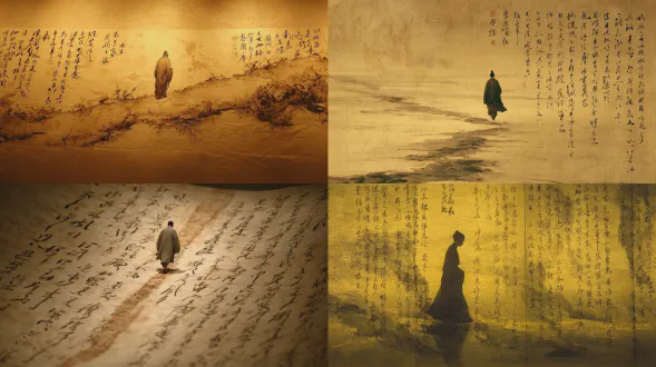 一位古代中国诗人行走在丝绸卷轴上，丝绸上有墨迹笔触，人物缓缓向前移动，卷轴朝着诗人移动的方向逐渐展开，上面刻有古代汉字，朦胧梦幻，折射阳光，发光，水墨风格，古典韵味，大面积留白，浅景深，柔和暗淡的黄色调