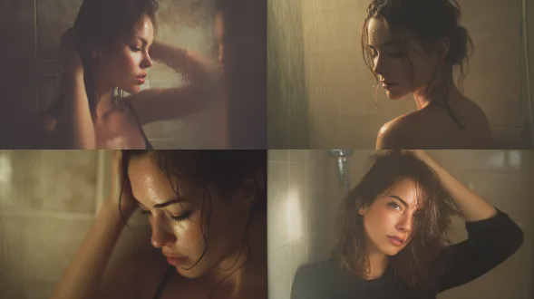 "美丽女子在浴室，全身照，自然光线，柔和色调，瓷砖墙，水雾弥漫，简约现代，大光圈镜头，浅景深，湿发，放松表情，优雅姿势，水滴反光，温暖氛围，真实皮肤质感，细腻阴影，中性色调，柔和光影，宁静情绪，生活感。"