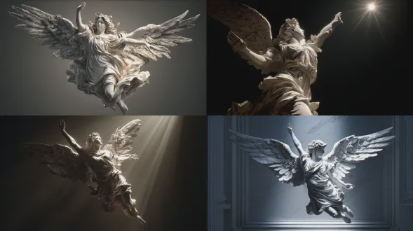 超高质量3d渲染，一个天使的真实大理石雕像笔直地飞向观看者，全身可见，在空中垂直站立姿势，右臂向上抬起，翅膀完全展开，强烈的向前运动感，来自上方的神圣光芒，戏剧性的俯视照明突出上半身，高对比度照明，深阴影，超精细雕刻的解剖结构，真实比例，清晰对焦，电影构图，中性背景，8k，杰作，超精细细节