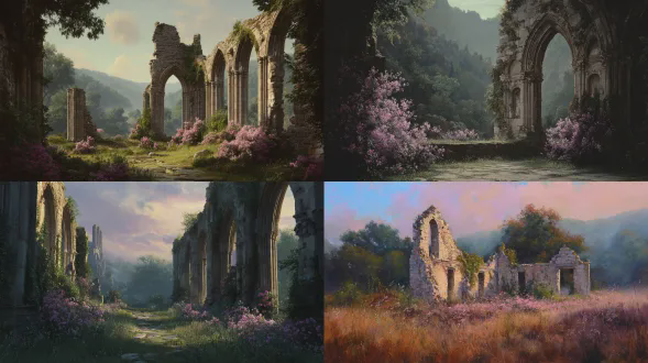 如画的哥特式小教堂遗迹，夏末黎明，粉橙色晨光，紫色阴影，雾气缭绕，灰色石墙破损，装饰石雕缺失，高草丛生，野玫瑰淡粉色小花，常春藤缠绕，灌木丛远处森林，温暖潮湿氛围，19世纪学院派绘画风格，柔焦，广角镜头，逆光，高动态范围，细腻纹理，怀旧色调，静谧情感。