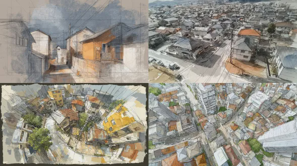 极端视角，日本地方建筑，虚拟写生，地图压缩，厚重绘画，水粉画，插画，素描，城市速写，鸟瞰构图，粗犷线条，纹理叠加，低饱和度，手绘质感，几何变形，俯视镜头，35mm焦距，暖灰调，建筑细节，平面化处理，动态笔触，阴影强调，复古滤镜，艺术感。