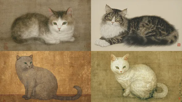 一只猫，以宋徽宗的风格，描绘一个优雅的拟人化形象正面坐着，有着绿色的眼睛和一条尾巴。猫的身体稍微向一侧倾斜。它背上的皮毛有类似云朵的流畅线条，而它的脸像半亚洲小猫的头。这只猫的姿态散发着自信，用锐利的目光凝视着你。这是一幅中国传统绘画作品