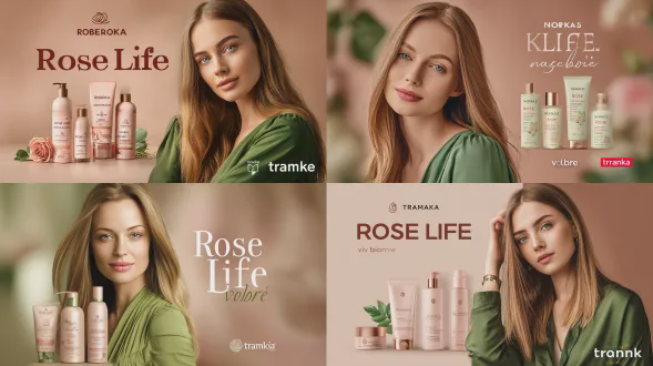 为“玫瑰人生”品牌制作的专业横幅，设计优雅精致，展示其全套身体护理产品，包括护发产品瓶、沙拉克面霜和洗发水。背景采用柔和的柔和色调，带有微妙的粉色点缀，营造出温暖氛围，与美丽主题相得益彰。一位年近四十的美丽女性穿着绿色衣服，手持一瓶奢华护发油在镜头前。她有长长的金色直发和蓝色眼睛。右下角用白色字体写着“vobble noire”。所有物品上方有文字“trmarka”