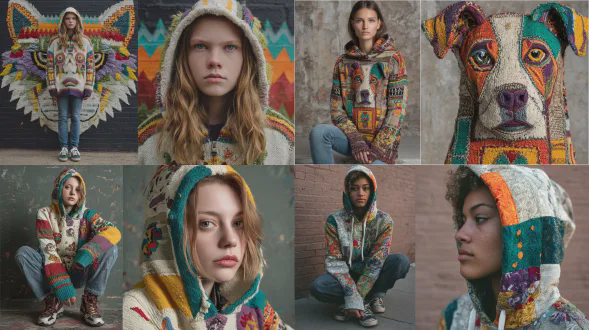 一件超大号毛衣的帽衫上绣着一张色彩斑斓的狗脸，采用拼布被设计，具有复杂的细节和米色、蓝绿色、橙色、红色、黄色、紫色、白色等各种颜色的纹理图案。年轻女模特穿着牛仔裤和鞋子，全身照背景是墙