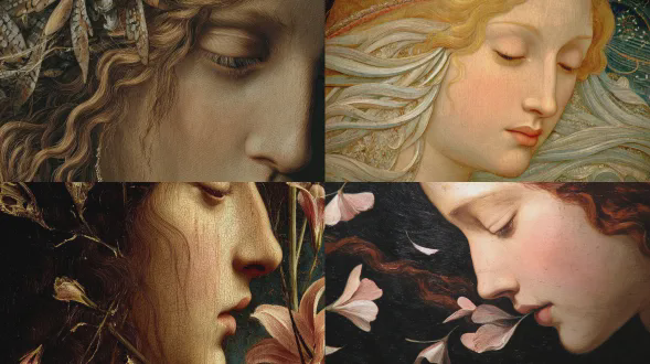 特写波提切利笔下的普赛克，她那熠熠生辉的头发被充满低语梦境的风吹动。在她长长的画笔下的睫毛下绽放着蝴蝶翅膀般的花瓣和盘旋的藤蔓，细腻地分层，带有柔和的明暗对比。她呼出闪烁的花瓣落在某人的脸上，充满渴望和灵魂，呈现出波提切利亲密梦幻的风格