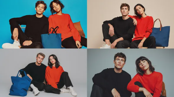 俯拍的时尚编辑肖像，一位20至25岁的白人男性（身材苗条合身，棱角分明的下巴，沉稳的深色眼睛）与一位20岁白人女性（身材纤细，面部特征柔和，表情放松），男性身着宽松黑色圆领毛衣、修身黑色长裤及白色皮革低帮运动鞋；女性身着鲜艳红色圆领毛衣、修身黑色长裤及白色皮革低帮运动鞋。极简休闲妆容：轻薄控油哑光粉底（自然妆效），微妙暖色调修容（增强面部轮廓无生硬线条），清晰眉胶（整洁自然眉形），透明润唇膏（保湿无色泽）。发型：男性留短而整洁的黑色头发（利落侧分）；女性有中等长度直黑发（松散自然质感）。配饰：一只大蓝色织物托特包（置于男性身旁）与一只棕色皮革流苏单肩包（女性手持）。摆姿随意：男性后仰，一只手臂搭椅，女性头靠男性肩，双腿微弯。环境：无缝高饱和度哑光深红色几何房间（角落空间，无反光织物纹理），简约黑色椅子（低轮廓无多余细节）。光线：柔和漫射俯拍主光（均匀照亮主体，凸显毛衣编织与皮包纹理，织物褶皱现微妙阴影），15%强度补光（柔化角落生硬阴影），低对比度色调分级（浓郁深红背景凸显黑/红服饰）。风格标签：高级时尚编辑摄影，简约构图，深红与黑/红大胆色彩对比，注重纹理光线，俯拍视角，现代休闲男女装。质量目标：8k分辨率，超逼真织物纹理（可见棉纤维，自然垂坠），清晰皮包细节（流苏纹理、光滑表面），自然皮肤纹理（颧骨处微妙光反射），色调平衡无曝光问题。负面提示词：杂乱背景、强烈直射光、过度饱和红色、褶皱衣物、浓重妆容线、扭曲身体比例、颗粒噪点、背景反光、色温不匹配、多余配饰