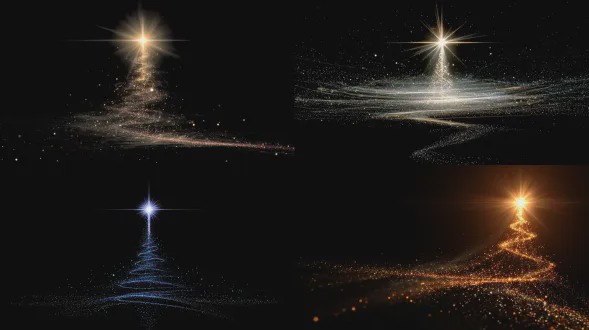 顶部有一颗巨大且闪亮的星星，辅以明亮耀眼的微小星形光效。背景是纯黑色。用粒子光效构成螺旋向上的圣诞树。底部用粒子照亮营造氛围。风格倾向于梦幻抽象与霓虹科技感的结合。底部位置用粒子轻柔照亮营造氛围。星光闪烁并使用渐变扩散技术。材质模拟宇宙尘埃流动的光影质感。画面有明显的层次。黑暗背景突出中间明亮的粒子。底部文字与粒子轻柔呼应。粒子大小分布不均。星光有扩散效果。整体色彩方案对比冷暖色调以突出节日温暖与未来感。布局平衡文字与视觉主体且充满艺术魅力