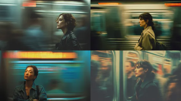 用哈苏x2d相机搭配65mm镜头在f/3.2拍摄 慢快门配合横向平移拍摄 胸部以上取景 主体稍偏离中心 受《迷失东京》启发柔化的荧光地铁灯光 z世代女性握住地铁扶手 缓慢呼气 列车门打开 通勤者涌入形成长条纹 公共空间的孤独感 安静的都市忧郁感 线条模糊一致性 保留皮肤纹理 无畸变