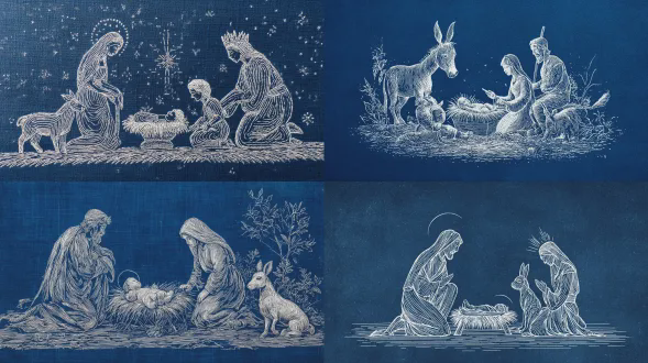 耶稣诞生场景，深蓝色织物背景上的线条画。人物和物体用简单的白色线条勾勒，风格简约，白色笔触让人联想到木刻版画。图像质量高，焦点清晰，细节捕捉精准，轮廓和纹理清晰，风格为