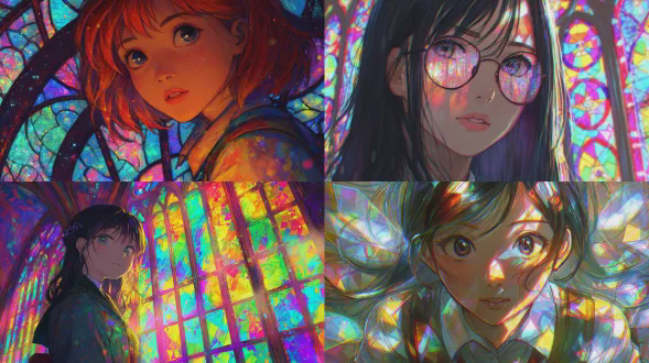 动漫风格。彩色玻璃般复杂的、虹彩般的可爱日本女孩，彩色玻璃中满是闪烁光芒，强烈的闪烁反射，神奇的辐射光芒，棱镜般的彩虹高光，宝石般的璀璨，发光的幻想氛围