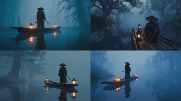 超逼真电影感禅宗场景，宽画幅构图。一位孤独的日本浪人静静地站在一艘传统的小木河船上，在黎明时分静静地漂过浓重的蓝色迷雾中，身着风化的深色浪人长袍和袴，织物陈旧且略有磨损，稻草笠投下的阴影遮住他的脸，长发松散地束着，表情平静而超然。一把插鞘的武士刀静静地挂在他的腰间，未被使用。浪人缓缓地吹奏着竹制的尺八笛，姿势沉稳而冥想。浓雾笼罩着河流，两岸的古树渐隐于雾中。船上有两盏温暖的油灯柔和地发光，金色的光芒轻轻地反射在如镜的水面上。凉爽的蓝调单色调与温暖的琥珀色灯笼光形成对比。柔和漫射的电影光线，体积雾，大气深度，绘画般的写实感，电影剧照品质，寂静，孤独，禅宗般的宁静，超高细节，无文字，无标志