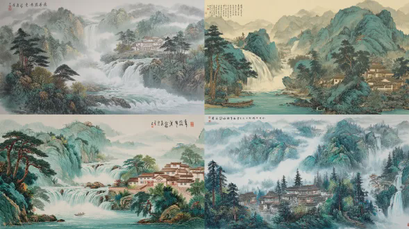 中式山水画，瀑布从山峰倾泻而下，流入山脚下的古老村落，周围环绕着松树和青山，色调为浅蓝绿色。画面以传统水墨风格丰富分层，细腻的笔触描绘瀑布飞溅的水滴，营造出宁静的氛围，高清分辨率。顶部有大面积空白区域