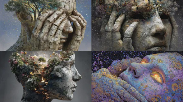外表是石头人的外壳，但头部内部有一个无限发光的自然、光明和生命的内在宇宙，花朵、树木和漂浮的微粒从手中轻柔浮现。外部世界干燥龟裂，内部世界充满生机且神圣。共情者风格，情感化，梦幻般，超细节