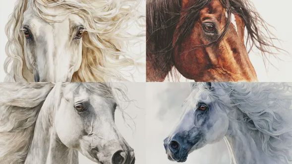 壮丽的阿拉伯马头部肖像，精致雕琢的面庞，带有柔和反光的大型 expressive 深色眼睛，精致丝绒般的口鼻，长长的奢华鬃毛如丝带状戏剧性地环绕头部，可见 individual strands，柔和的波浪和卷须，鬃毛用分层水彩 washes 绘制，轻盈的高光和柔和的阴影，优雅平静的表情，手绘水彩插画，精细的画笔纹理，柔和的色调，纯白背景，优质奢华剪贴画