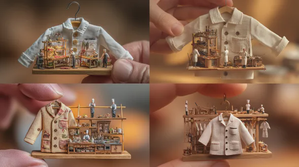 极其精细的微缩场景：一件迷你厨师服被两根手指夹住，悬挂在木制衣架上。厨师服内部是一个复杂的木制脚手架结构。几个微型厨师人偶（微观比例）——一个在微型厨房里烹饪和准备菜肴，一个摆盘展示美食，一个整理微型厨房用具和食材。厨师服展现出精细的织物纹理，连厨师纽扣和口袋的细节都清晰可见。逼真的微缩摄影，柔和的漫射光。背景：温暖的木色调，柔和的阴影。