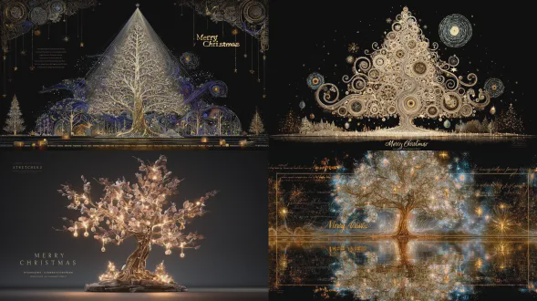 一棵致力于艺术史的艺术圣诞树，具有超现实且优雅的风格。这棵树由受梵高《星夜》启发的旋转笔触构成，柔和的发光反射和受莫奈启发的睡莲色调，和谐的比例和参考达芬奇的微妙草图，受古斯塔夫 克里姆特启发的金色装饰图案和饰品，以及受葛饰北斋启发的动态波浪图案。圣诞树闪烁着温暖的金色和白色灯光，闪烁的星星和精致的艺术装饰品。在场景底部或漂浮着优雅发光的文字“圣诞快乐”。神奇的氛围，夜晚背景，高细节，电影灯光，美术插图，超精细，4k，梦幻诗意的氛围