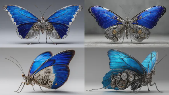 一只摩尔福蝶，身体和翅膀的一半是超写实 vibrant blue自然蝴蝶翅膀，另一半是复杂的银色金属机械齿轮、电线和钢关节，蒸汽朋克风格，照片级写实，高细节，8k，柔和灰色背景，戏剧性灯光