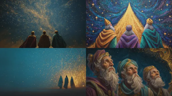 三位智者仰望星空，巨大金色轨迹的星星，圣诞诞生之门，午夜蓝背景，金色点缀，祖母绿与酒红装饰，神圣庄严，长袍飘逸，敬畏表情，广角镜头，低角度拍摄，柔光照射，星光闪耀，暖色调与冷色调对比，神圣氛围，神秘感，细节丰富，高动态范围，宗教艺术风格