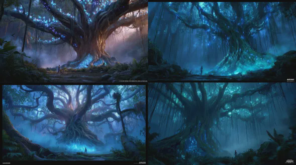 受《阿凡达》（詹姆斯卡梅隆）启发的电影宽镜头，潘多拉星球黄昏时的灵魂之树。有着发光生物荧光卷须从树干和树枝延伸的巨大古树，轻柔照亮周围森林。基部雾气缭绕，神奇光线透过树冠洒落。树根微弱发光，能量以蓝紫色空灵流散发。小个纳威人立于基部近旁，被庞大体量衬得渺小，满是敬畏崇敬之感。超写实电影布光，有体积光，色彩丰富 vibrant，是高度精细的奇幻环境，营造出神秘神圣氛围