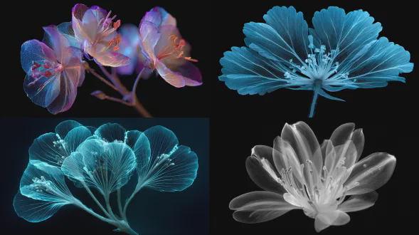 一张 x 光风格的[花卉类型]图像，花瓣因生物发光脉络而柔和发光，深色背景，空灵的光线，科学而富有诗意的构图，超精细，微距摄影