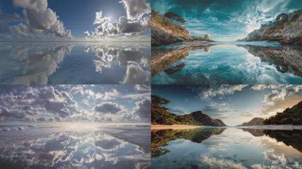 一处[地点]在上下方完美镜像，天空化为海洋，海洋化为天空，梦幻色调，对称构图，电影感广角镜头，超写实