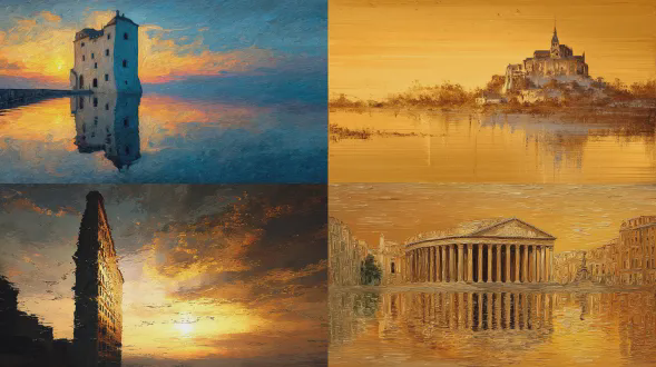 一座[著名建筑]在金色夕阳下如蜡般缓缓融化，超现实主义，地面倒影，绘画质感，受萨尔瓦多·达利影响，细腻笔触