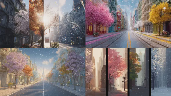 一条城市街道同时展现四季，从左至右：春花绽放、夏日阳光、秋叶飘零、冬雪纷飞，电影构图，超精细细节