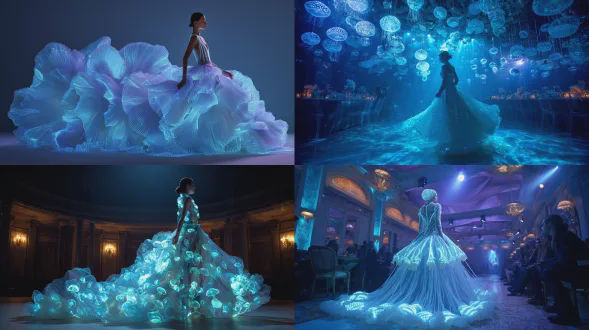 一位模特身着完全由发光水母触须制成的礼服，水下舞厅场景，柔和的蓝色光线，虹彩微光，高级时尚编辑拍摄