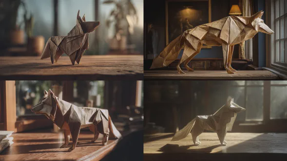 一只完全由折纸折叠而成的狼，置于纹理丰富的木桌上，柔和的晨光，逼真的纸张细节，优雅的极简主义