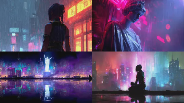 一座发光的霓虹灯雕像，描绘雅典娜，背景为赛博朋克城市，雨中的倒影，戏剧性的电影灯光，蒸汽波调色板