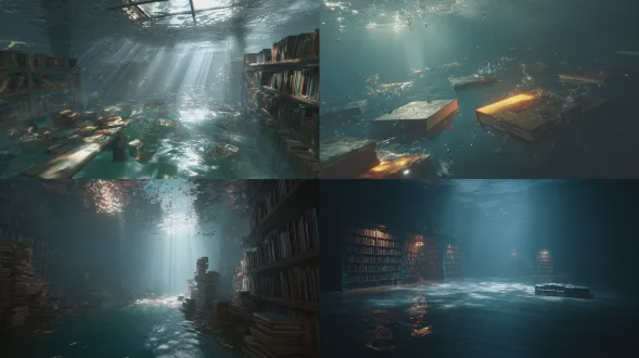 海底图书馆，书籍悬浮于水中，光线穿透水面，宁静而神秘的氛围，逼真的水体物理效果