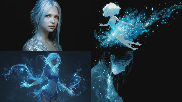 一位中性气质的少女，约 18-22 岁，肌肤呈半透明质感——如水晶般剔透，周身萦绕着白蓝交融的光晕，在宇宙的漆黑背景中闪烁银辉或星芒。每个动作都洒落光尘，眼眸仿佛蕴藏微小星辰（会随情绪变色——兴奋时呈金色，悲伤时转为蓝色等）。身披流光碎片织就的长袍。姿态娇小而自信