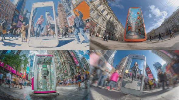 巨大手机矗立城市街道中央，路人随意互动，俏皮视角，广角镜头夸张变形，明亮正午光线硬朗阴影，高饱和度色彩，超现实主义构图，路人表情好奇欢快，衣着日常休闲，手机屏幕反光细节，广告牌元素混入，动态模糊行人，戏剧性透视，科技感与生活化碰撞