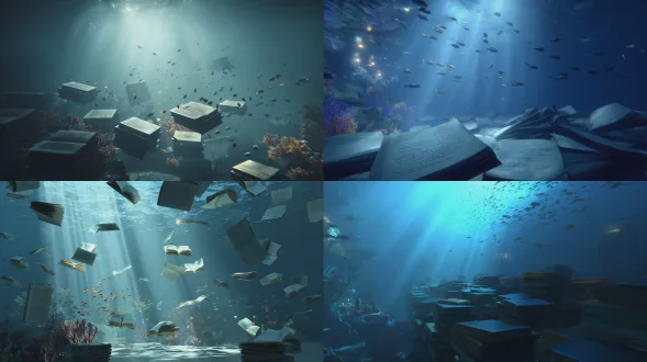 海底图书馆，书籍悬浮水中，光线穿透水面形成光束，逼真水体物理效果，宁静神秘氛围，珊瑚环绕，鱼群游弋，广角镜头，体积光，动态模糊，深蓝色调，柔和散射光，细节清晰，半透明书页，漂浮尘埃，静谧深沉，3d渲染，超现实风格，水下光影