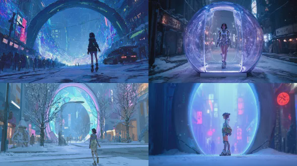 一个闪闪发光的椭圆形传送门位于东京冬日街道（低饱和霓虹，淡淡雪雾）和传送门内部的未来城市街道（蓝色全息、霓虹折射）之间。传送门内一个拥有机械肢体、身穿半装甲外骨骼的改造人女孩正穿过传送门，回头牵着观众的手，眼神充满活力。传送门发出蓝紫色神秘光芒，清晰区分两个世界，第三人称视角