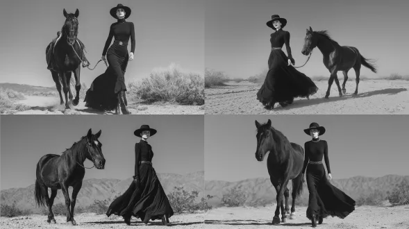 全身模特身着明亮黑色长裙，细腰带，黑色帽子与靴子，牵黑马，裙摆飘动，低35 - 45mm镜头，眼平视角，侧阳光45°，硬光，清晰阴影，沙漠背景，赫尔穆特牛顿风格，果断步伐，高对比度，黑白主色调，优雅自信，冷峻气场，流线型轮廓