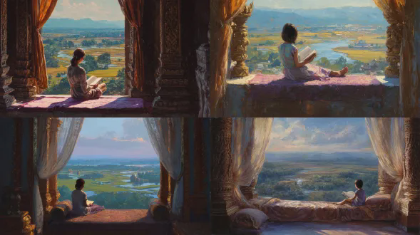 一位年轻的泰国女孩静静地坐在皇家宫殿内的软垫窗台上，阅读一本打开的书。从背后看到她呈现出温和、沉思的姿态。华丽雕刻的木柱和飘动的丝绸窗帘框住窗户，窗外是广阔的泰国风景，有稻田、河流和远处蓝天映衬下的青山。阴影、织物和天空中隐约出现淡紫色和深皇家紫色的柔和色调，与温暖的金色和清凉的蓝色交融。光线宁静而庄严，暗示着学习、记忆和安静的准备。具有绘画般的笔触、丰富的质感，古典油画风格，电影化布光，宁静永恒的氛围，高度细节化，精致的艺术绘画