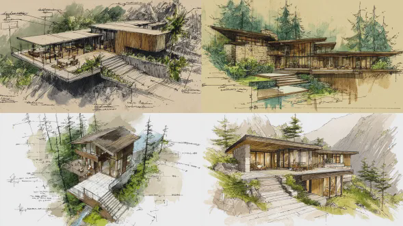 苏拉克峡谷边缘的现代极简风格别墅建筑草图，鸟瞰视角，展现深邃峡谷与绿松石色山间河流的全景，采用水墨水彩技法，色调柔和呈土色系，点缀浓郁的绿色森林元素，带有木质外墙和大型玻璃幕墙的当代极简别墅，铺有天然瓦片的斜坡屋顶，设有藤制家具的开放式木质阳台，通向主入口的石阶，周围环绕的松树林与潺潺山间溪流，带有建筑尺寸及景观布局注释的建筑草图，有指示别墅空间结构的箭头，指向山峰的轴线与视线，以精准的线性笔触描绘结构细节与自然地形，柔和的傍晚阳光透过森林树冠洒落，别墅墙面上有动态的分层阴影，别墅与山区自然环境和谐融合，营造出宁静 secluded 的 retreat 氛围，属建筑草图，运用水墨水彩技法，细节丰富