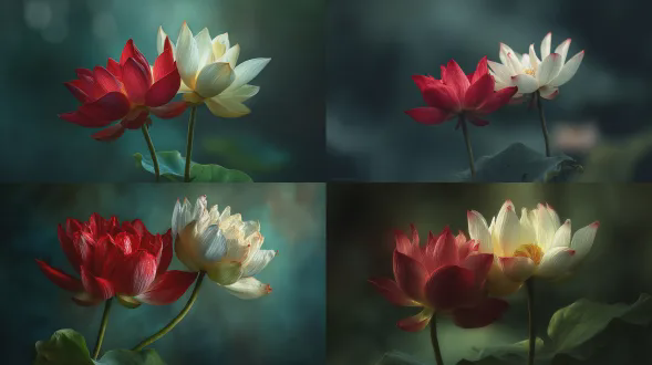 超写实电影特写镜头下，单茎上的两朵芙蓉花，一朵鲜艳的深红色，另一朵柔和的象牙白色，它们精致带脉纹的花瓣在阴沉的深青绿色背景下展开，呈现天鹅绒般的质感，采用浅景深拍摄，微妙的散景将花朵隔离在空灵的焦点中；柔和的定向光线掠过花瓣，展现出细微的纹理和柔和的半透明感，同时投射出柔和的阴影，增添深度和亲密感；叶子呈现柔和的绿色调，部分被大气的黑暗所掩盖，增强了花朵的明亮对比；构图垂直且优雅，唤起宁静沉思的氛围，仿佛悬浮在安静的水下般的虚空之中，具有电影般的清晰度、丰富的自然色彩分级，以及绘画般但超精细的写实风格