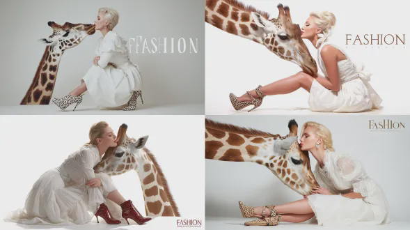 一位美丽的金发女子身着白色连衣裙，脚踩长颈鹿纹高跟鞋的时尚照片，她环抱长颈鹿的脖子，为《时尚》杂志摆拍，背景为白色